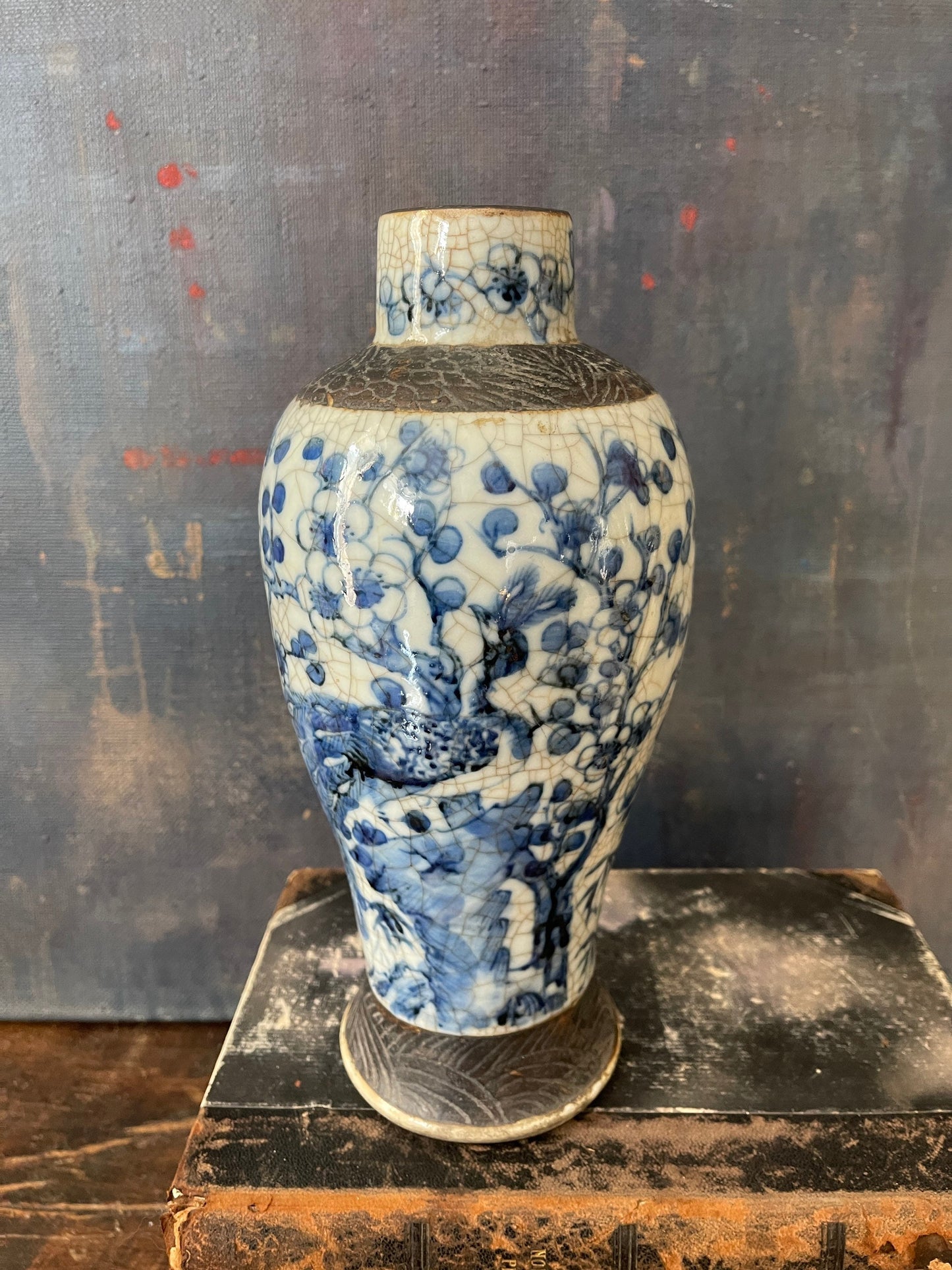 Antique Blue and White Canton Crackle Baluster Vase