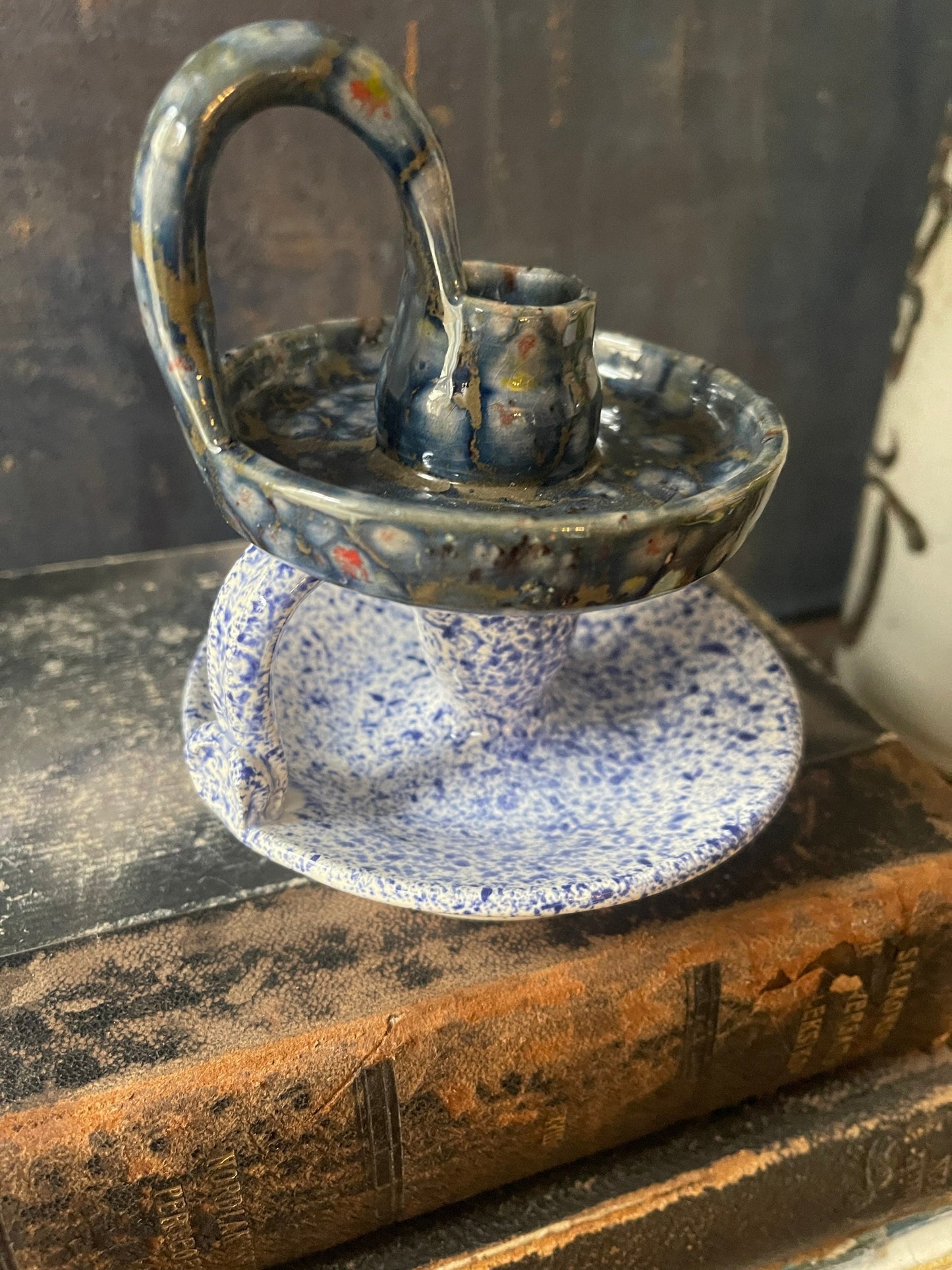 Collection of Two (2) Blue Splatter Pottery Candlestick Holders