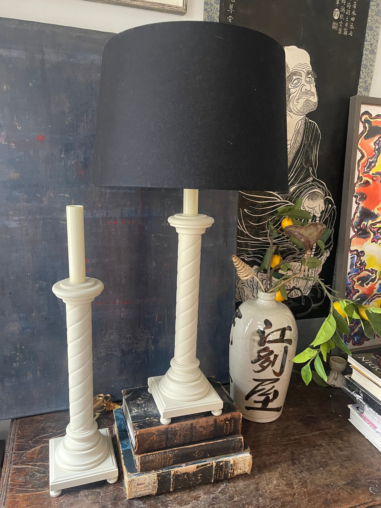 Pair of Vintage Tyndale Cream Column Buffet Lamps