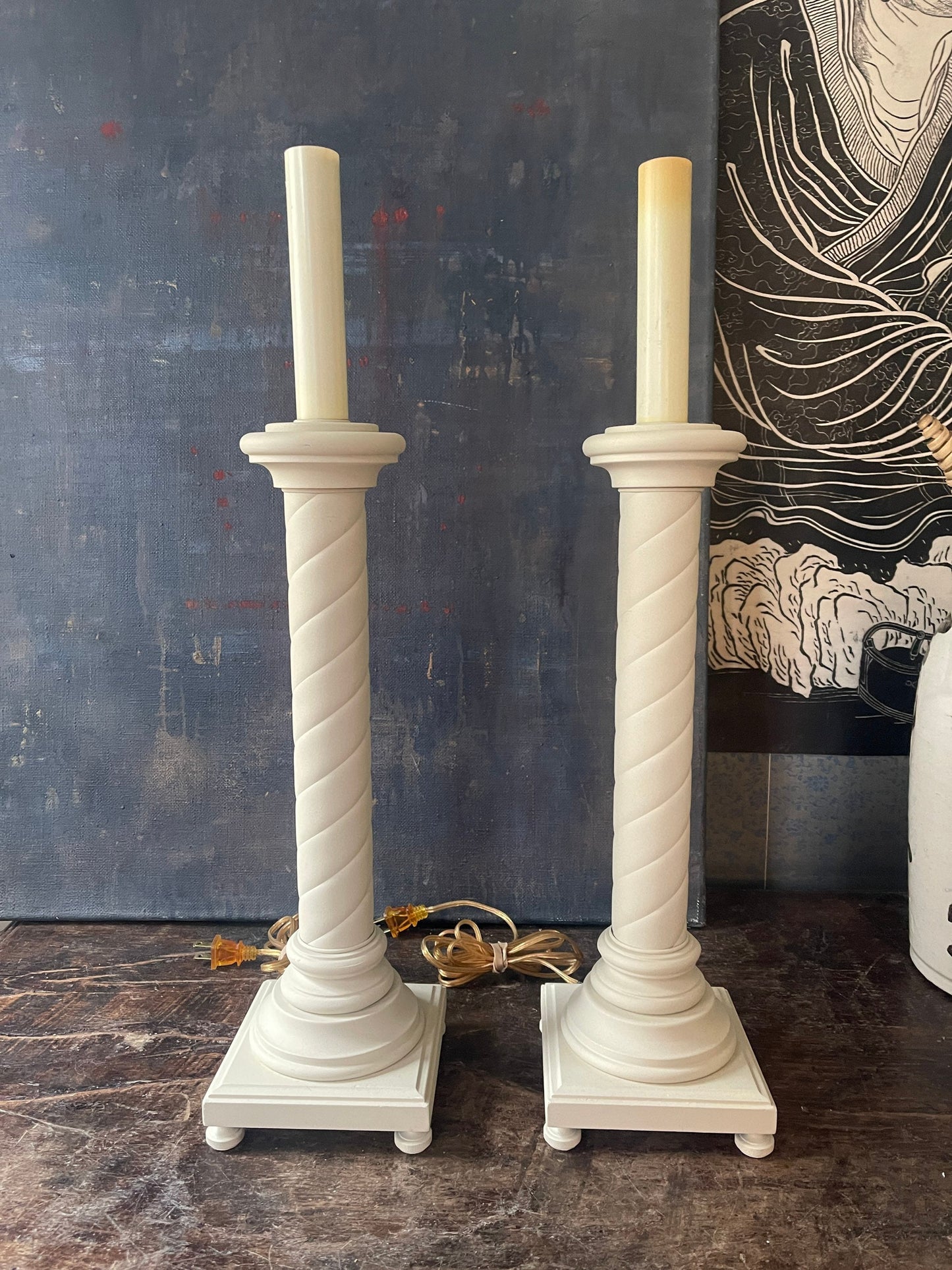 Pair of Vintage Tyndale Cream Column Buffet Lamps