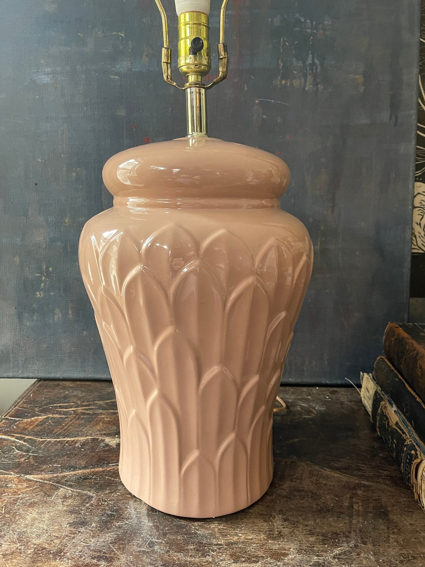 Vintage Blushy Peach Ceramic Asian Influenced Table Lamp