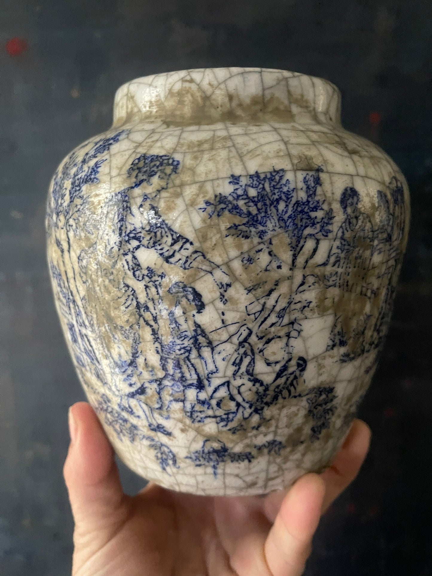 Crackle Glaze Blue Transferware Vase