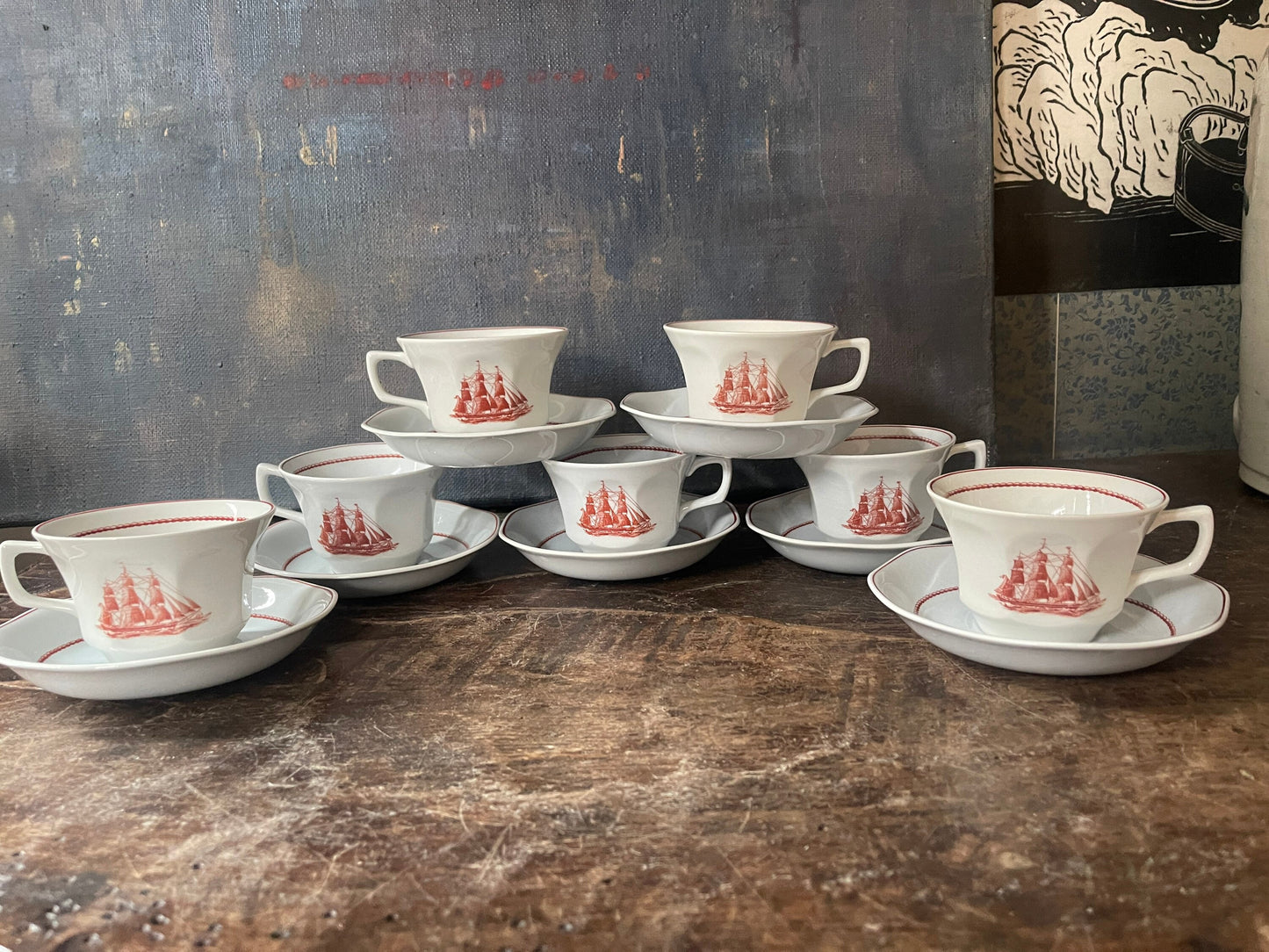 Set of Seven (7) Wedgwood Flying Cloud Tea Cups and Saucers Lakehouse Decor