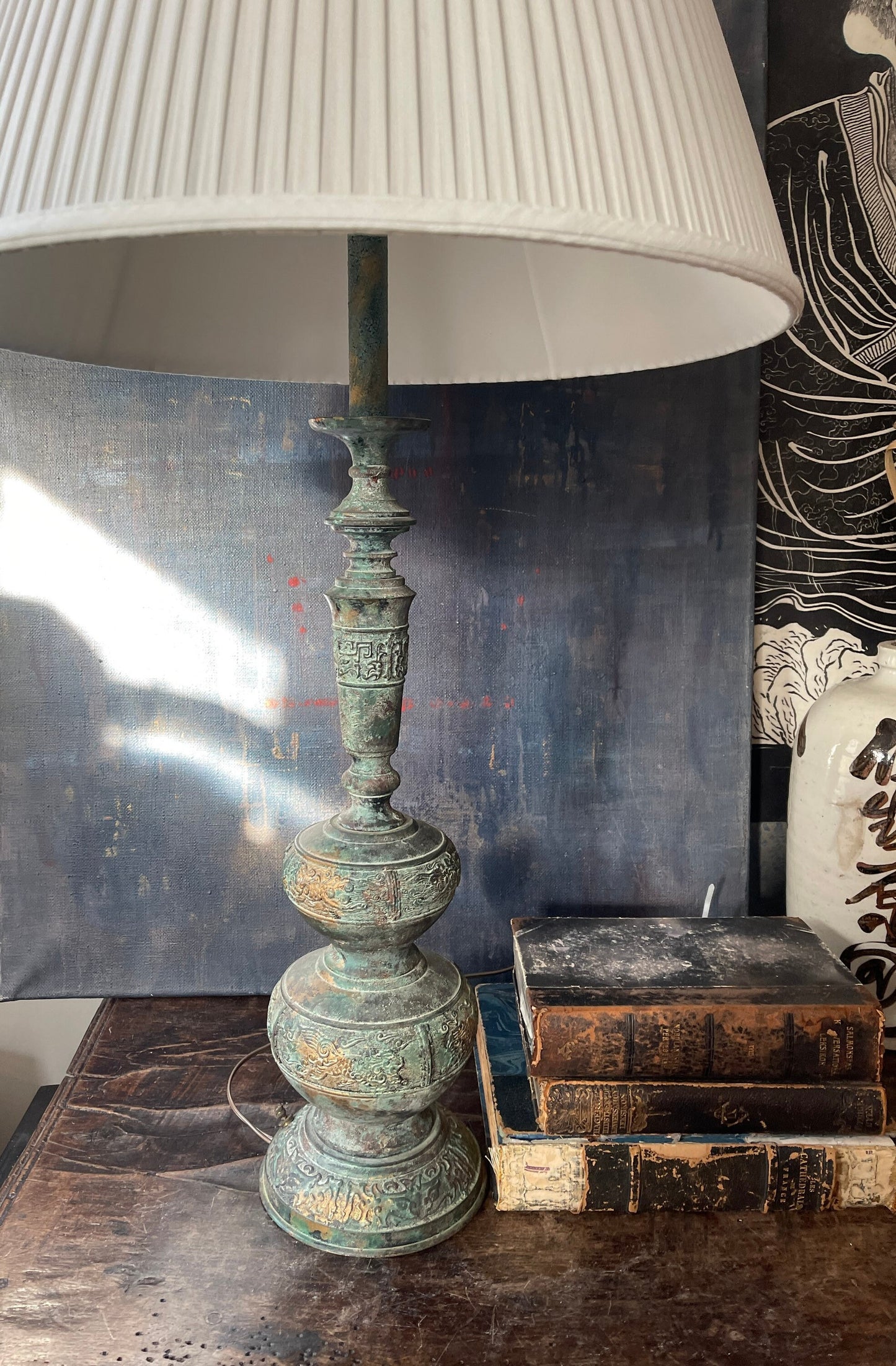 Mid Century Verdigris James Mont Style Tall Lamp