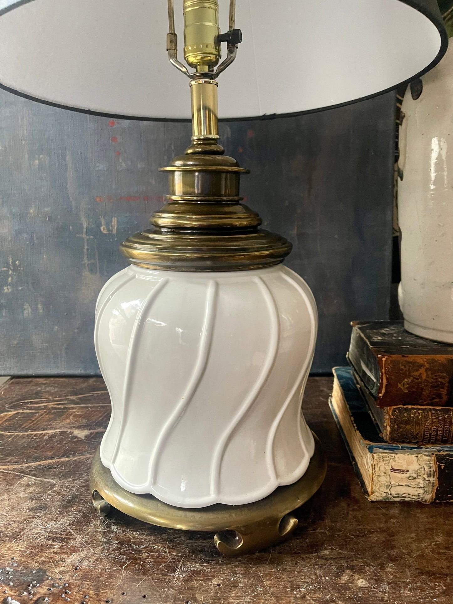 Vintage Morris Greenspan White and Brass Chinoiserie Table Lamp