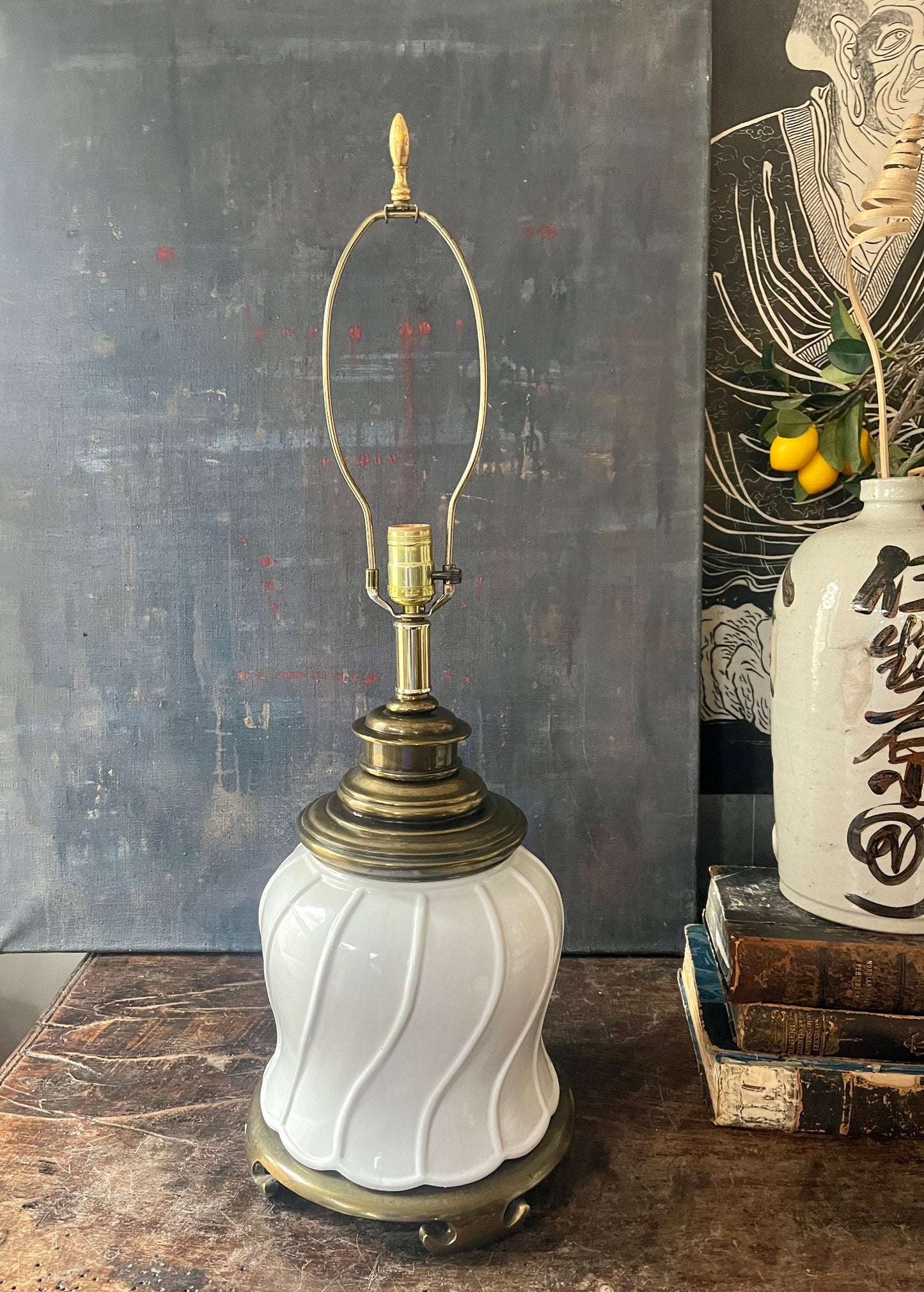 Vintage Morris Greenspan White and Brass Chinoiserie Table Lamp