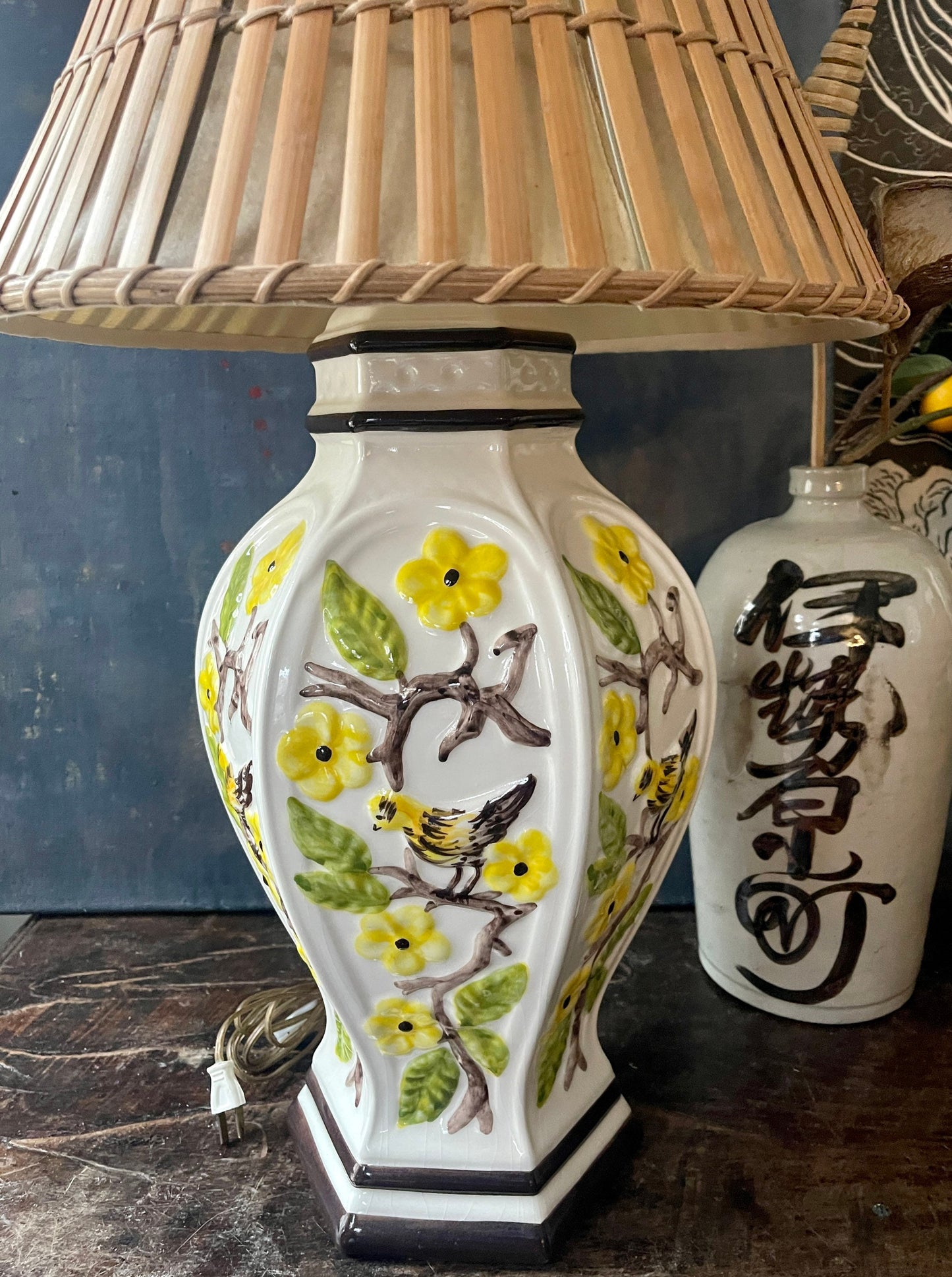 Vintage Yellow and Brown Ginger Jar Chinoiserie Table Lamp