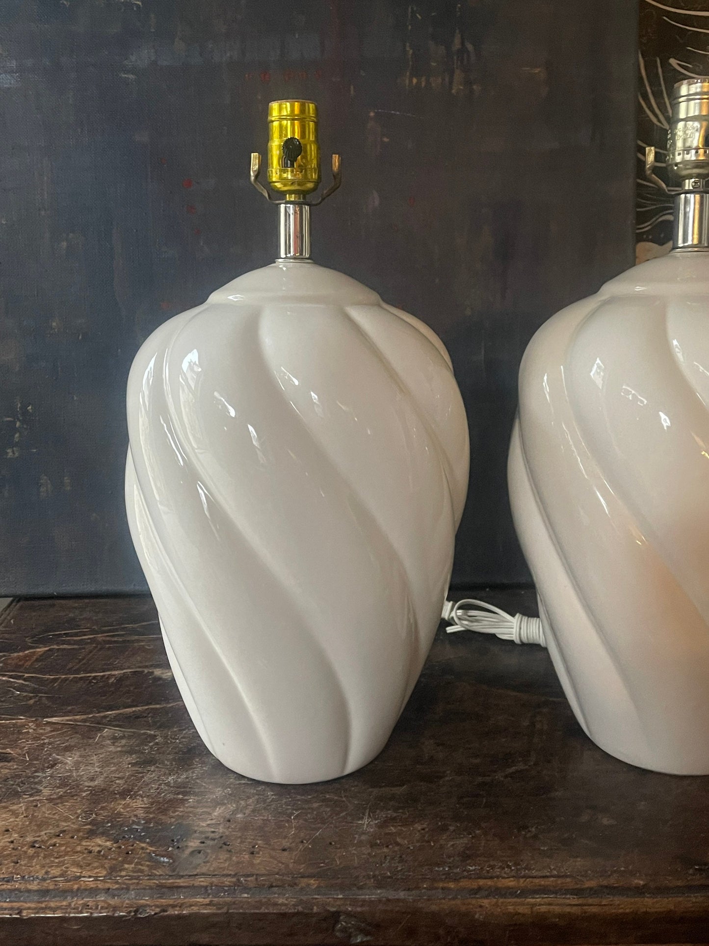 Pair of White Urn Shaped Chinoiserie Table Lamps