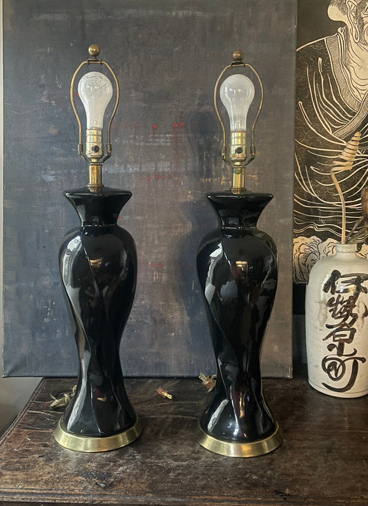 Pair of Vintage Tall Black Spiral Lamps