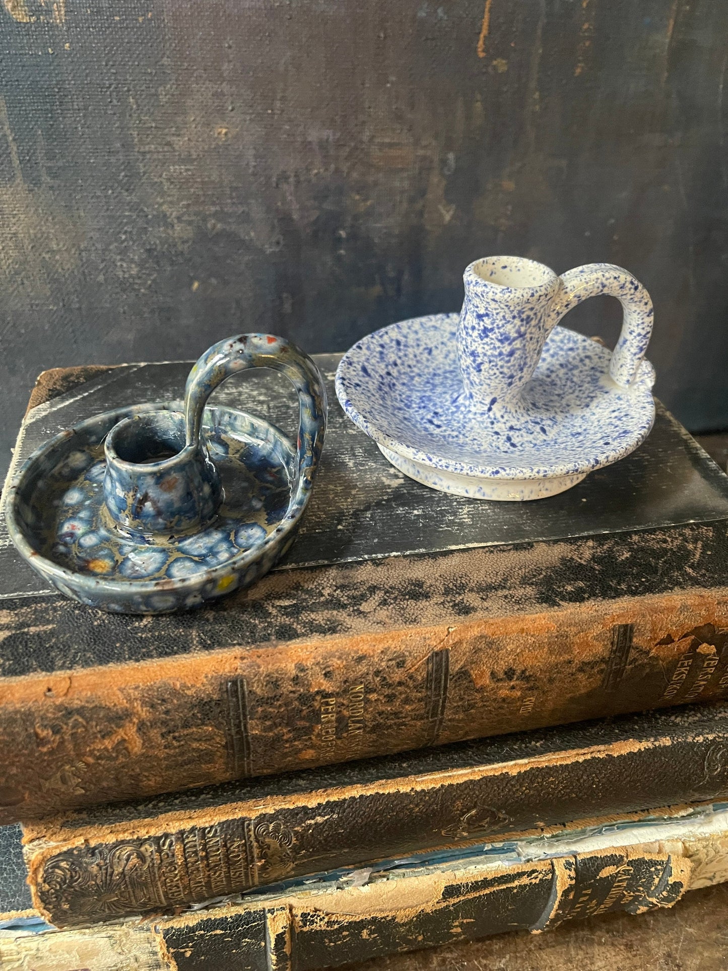 Collection of Two (2) Blue Splatter Pottery Candlestick Holders