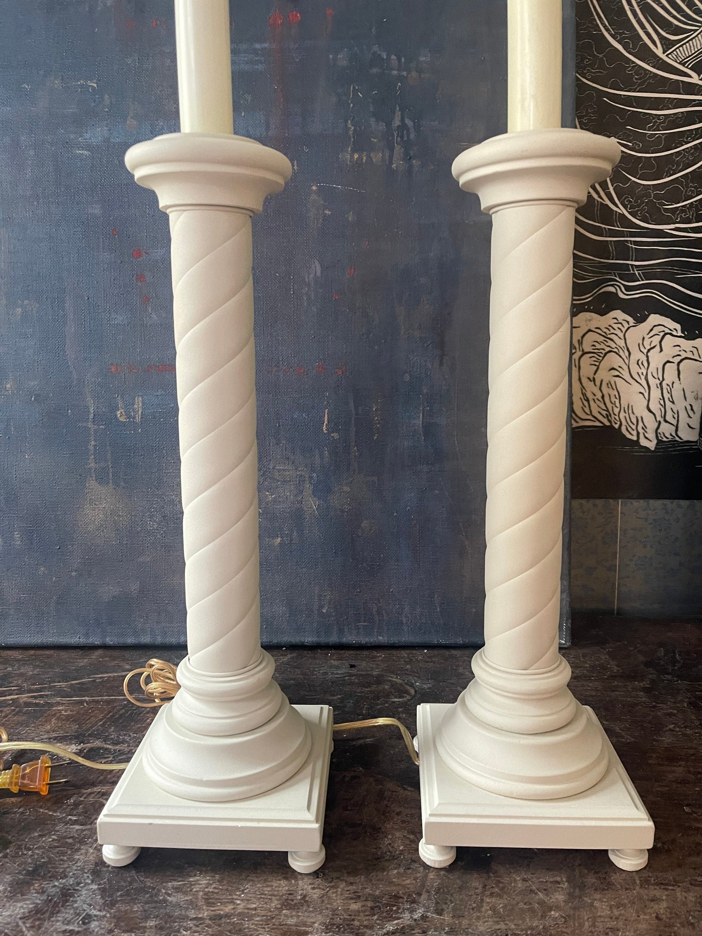 Pair of Vintage Tyndale Cream Column Buffet Lamps