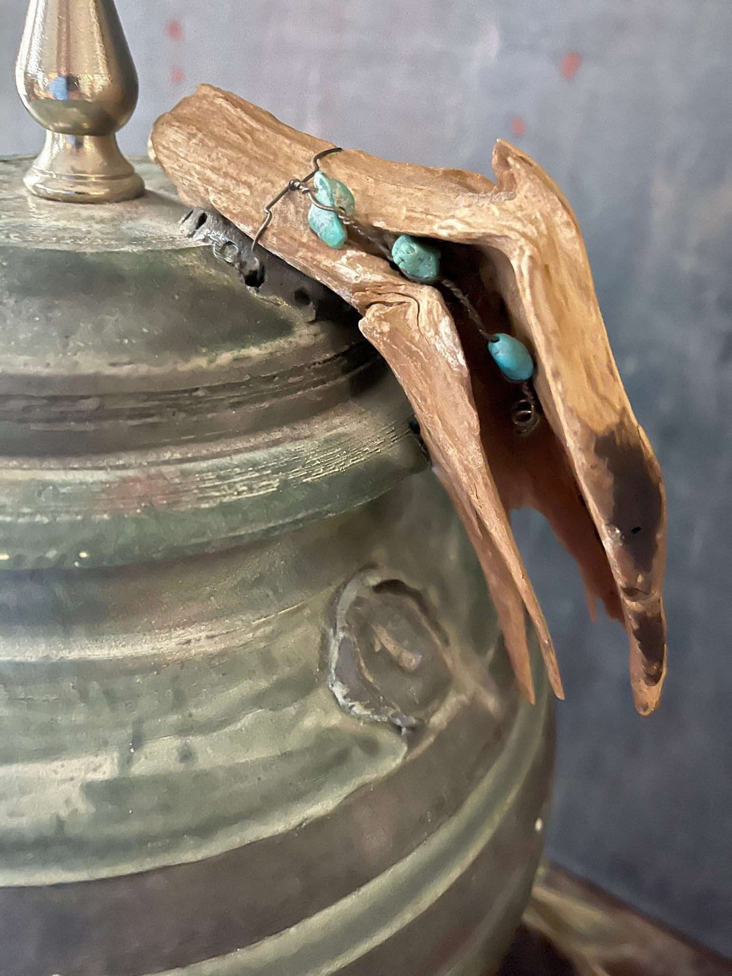 Vintage Raku Pottery Lamp with Driftwood and Turquoise Artist Signed