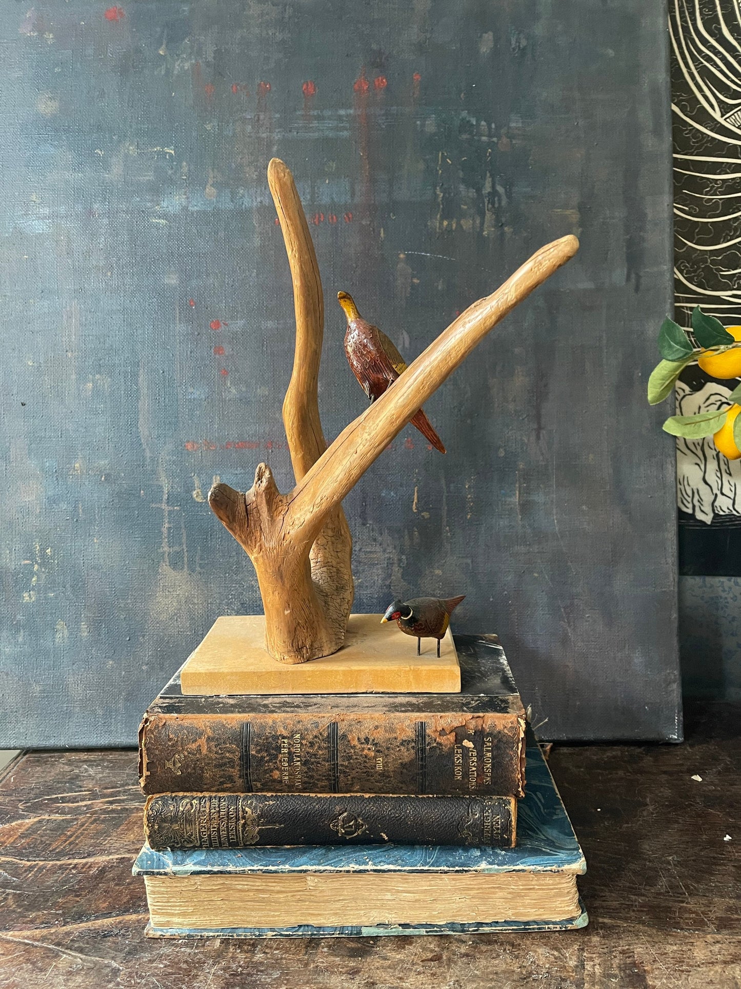 Vintage Pheasant and Driftwood Carved Sculpture