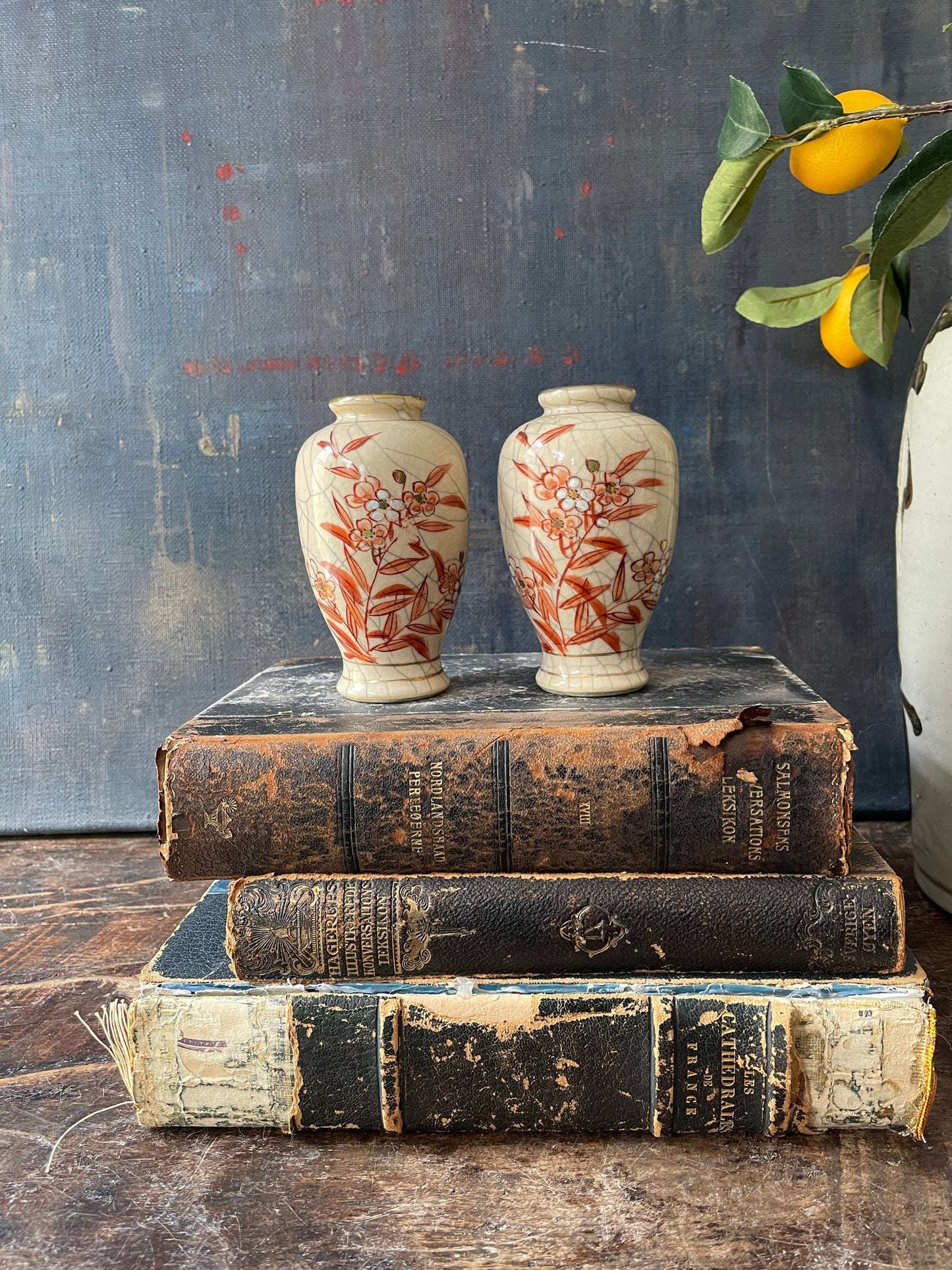 Pair of Vintage Japanese Crackle Glaze Cherry Blossom Vases