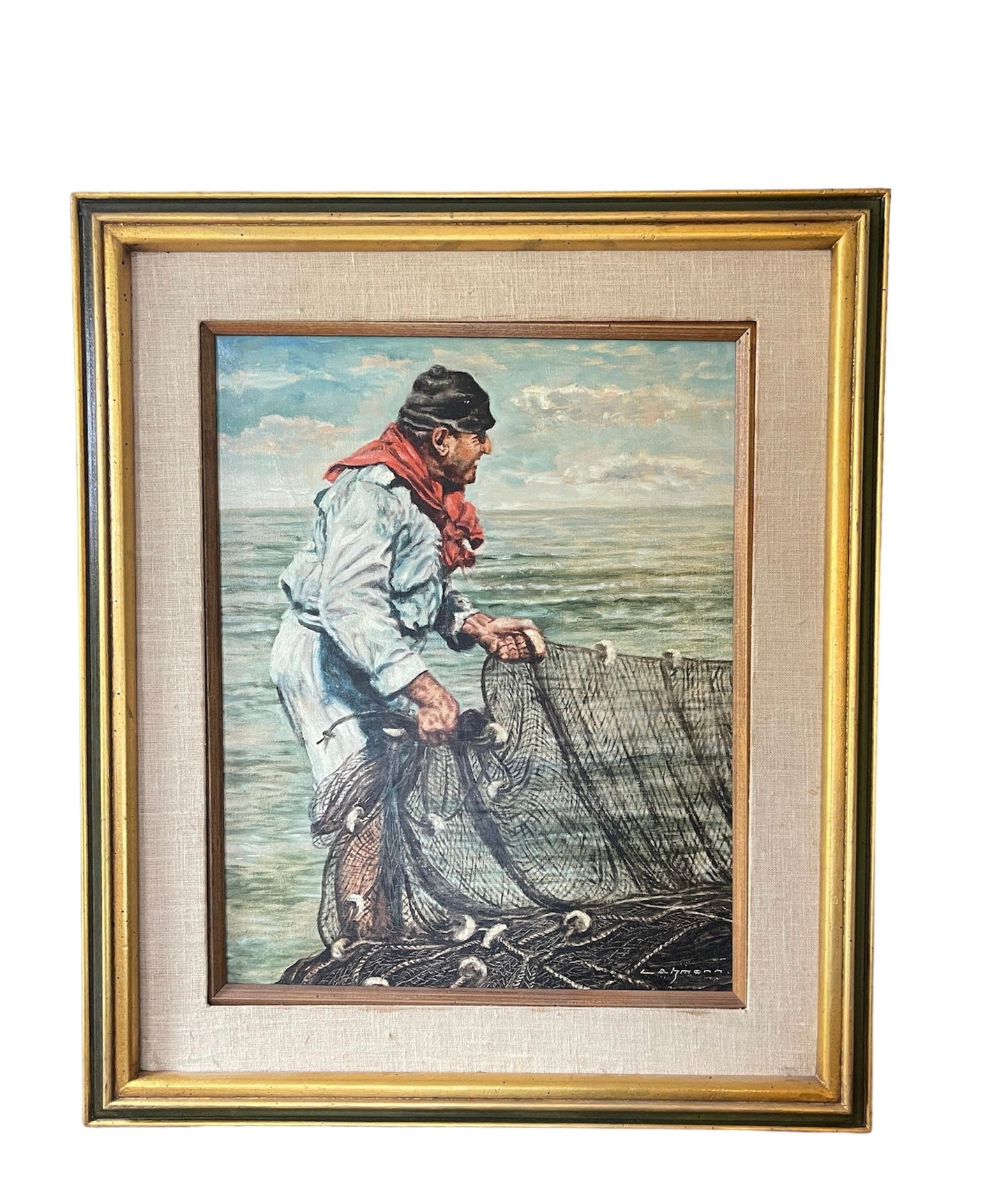 Vintage Signed Seaside Painting of Fisherman