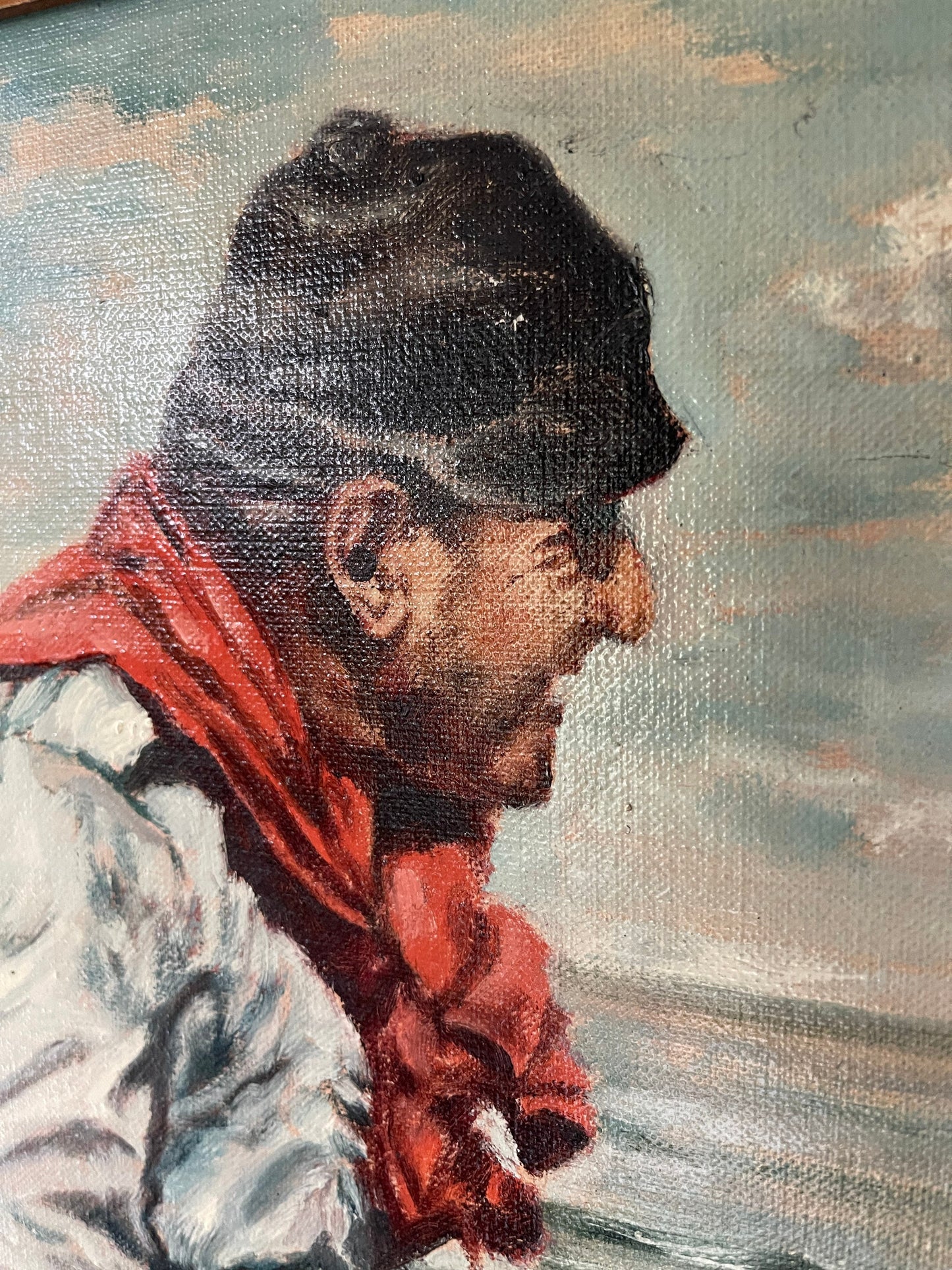 Vintage Signed Seaside Painting of Fisherman