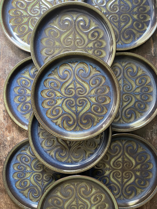 Set of Twelve (12) Vintage English Stoneware Denby Langley Bukara 6 5/8” Plates Boho Decor