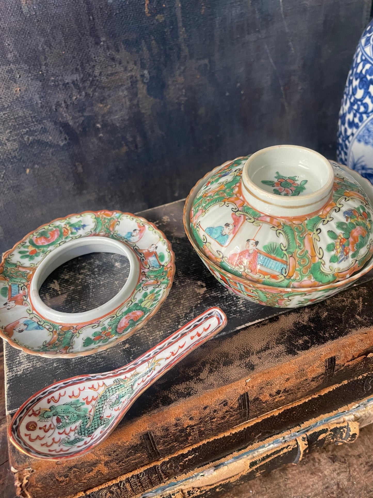 Antique Chinese Famille Rose Lidded Bowl with Stand