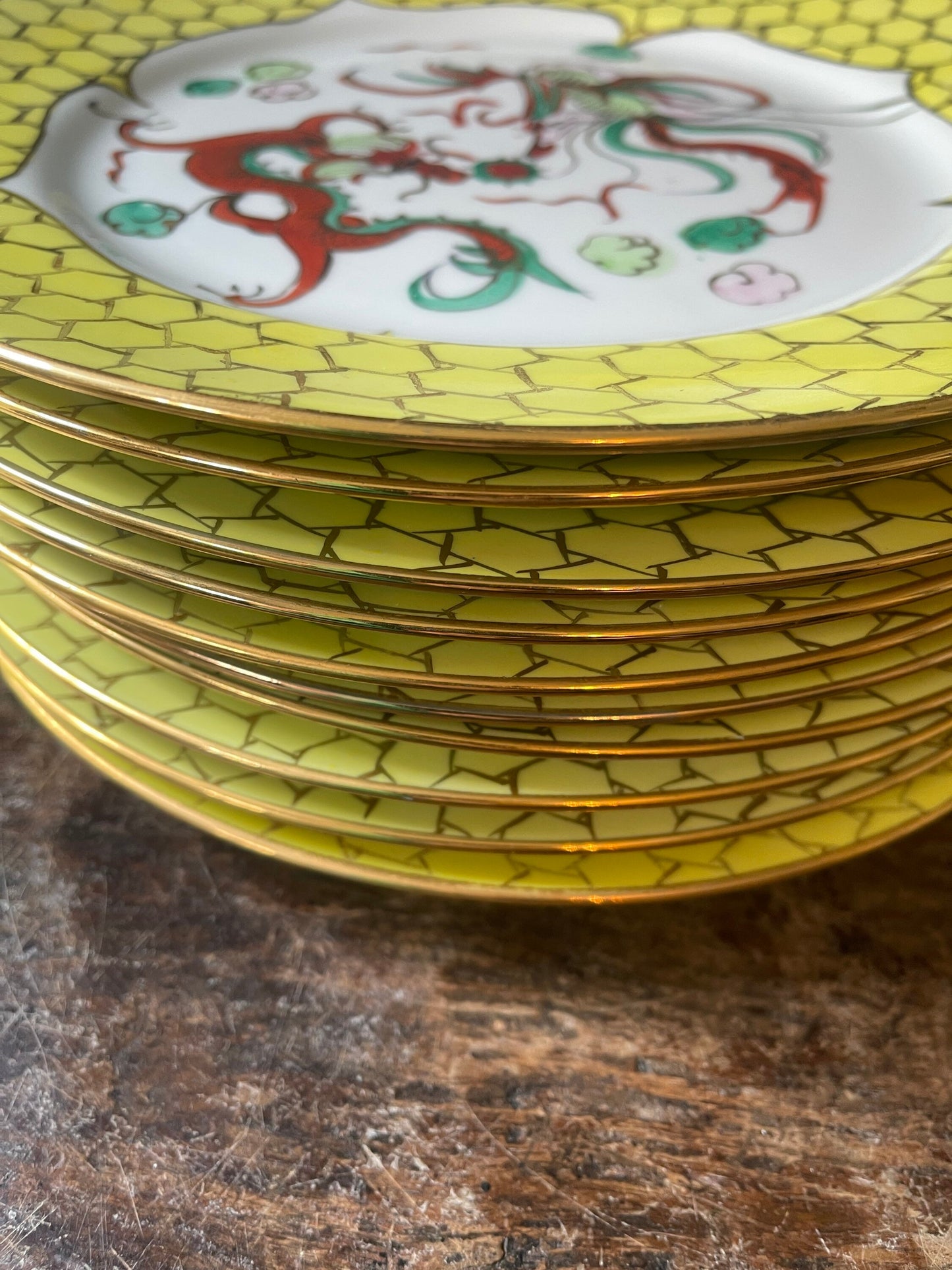 Set of Ten (10) Yellow Dragon Chinoiserie 10.25” Dinner Plates