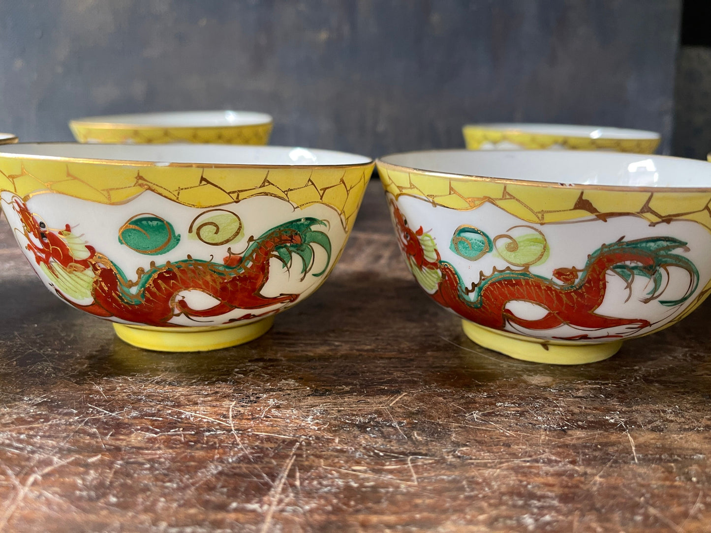 Set of Six (6) Yellow Dragon Chinoiserie Noodle Bowls