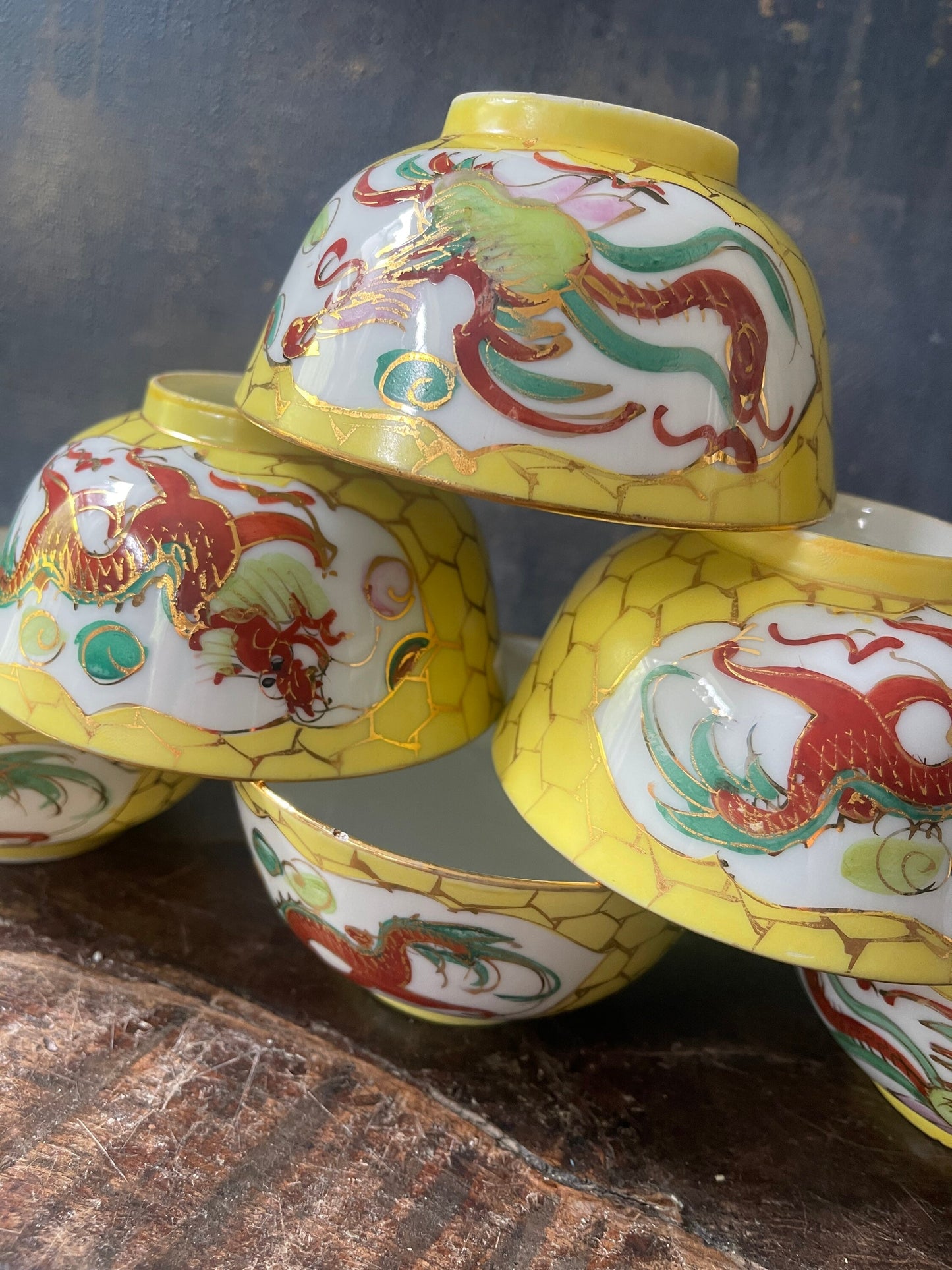 Set of Six (6) Yellow Dragon Chinoiserie Noodle Bowls