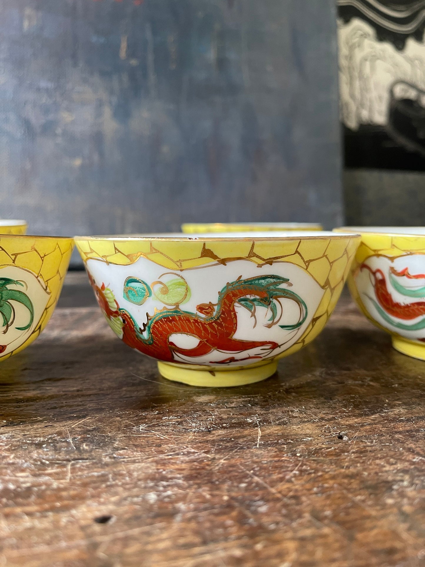 Set of Six (6) Yellow Dragon Chinoiserie Noodle Bowls