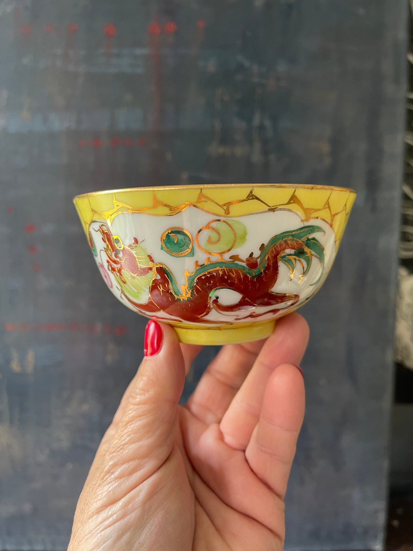 Set of Six (6) Yellow Dragon Chinoiserie Noodle Bowls