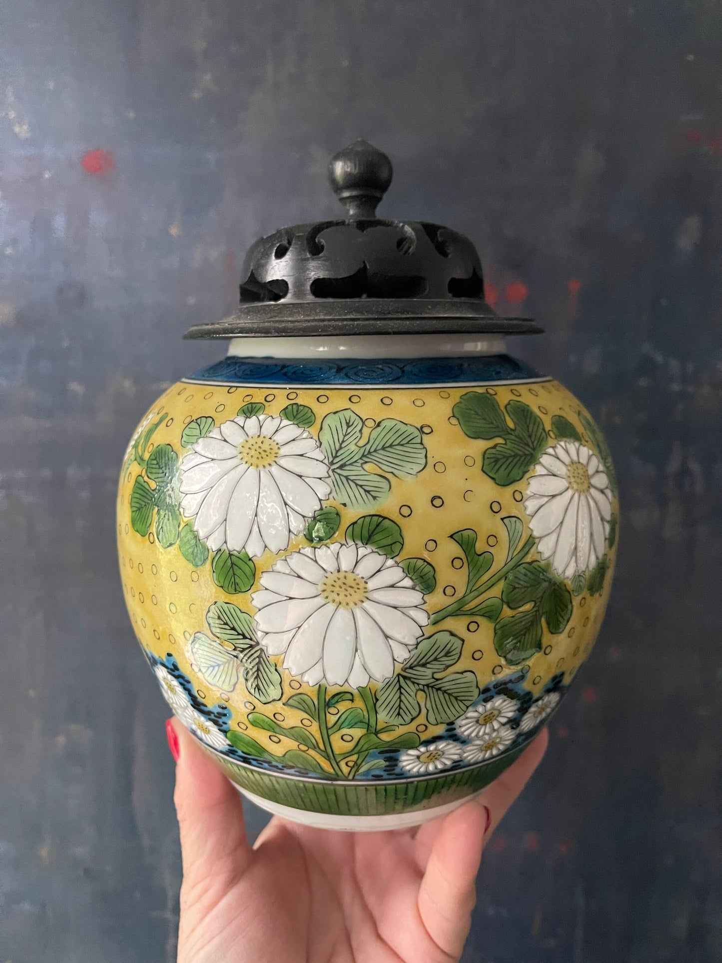 Vintage Yellow Kutani Chinoiserie Ginger Jar on Stand