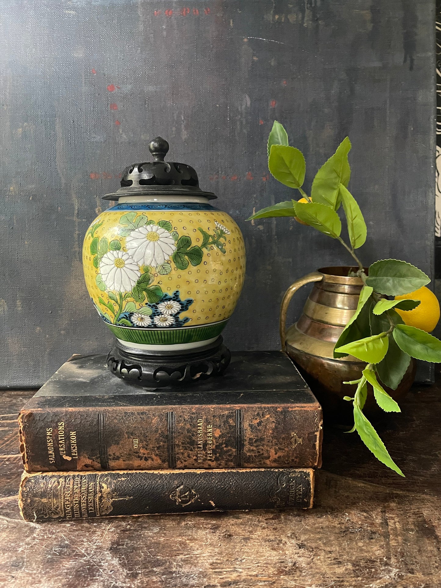 Vintage Yellow Kutani Chinoiserie Ginger Jar on Stand