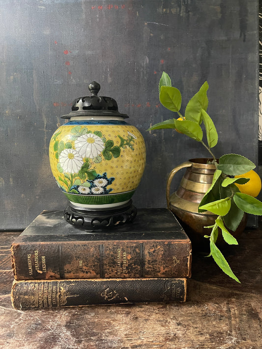 Vintage Yellow Kutani Chinoiserie Ginger Jar on Stand