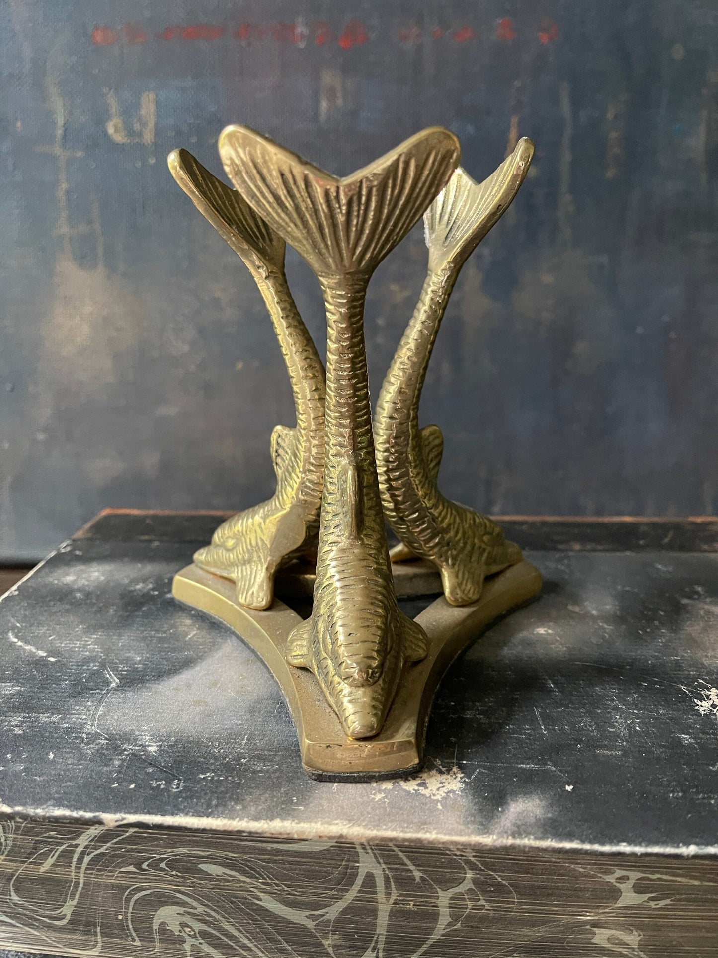 Vintage Chinoiserie Brass Dolphin Plant Stand