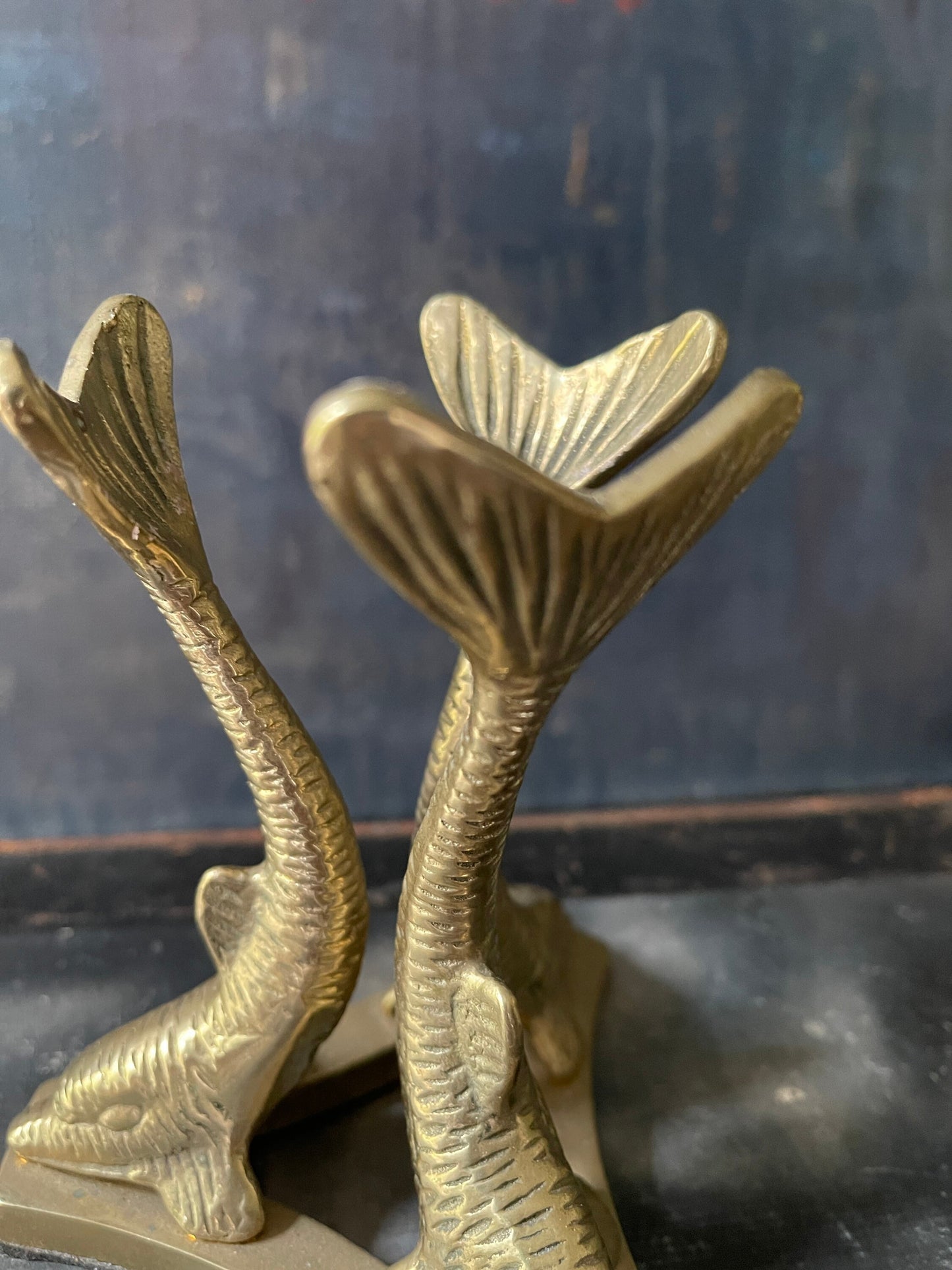 Vintage Chinoiserie Brass Dolphin Plant Stand