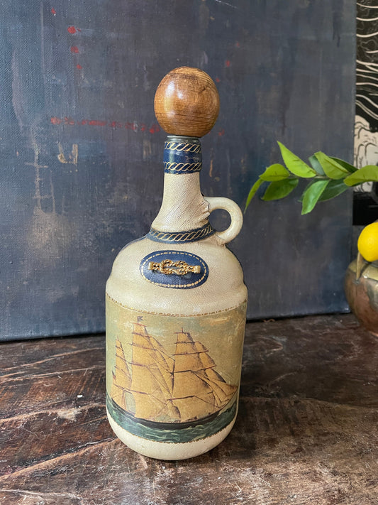 Vintage Italian Leather Wrapped Sailing Ship Decanter