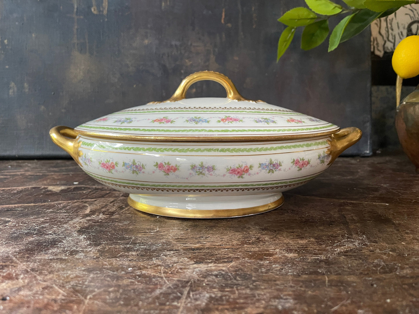 Vintage French Pink and Green J Pouyat Limoges Porcelain Tureen