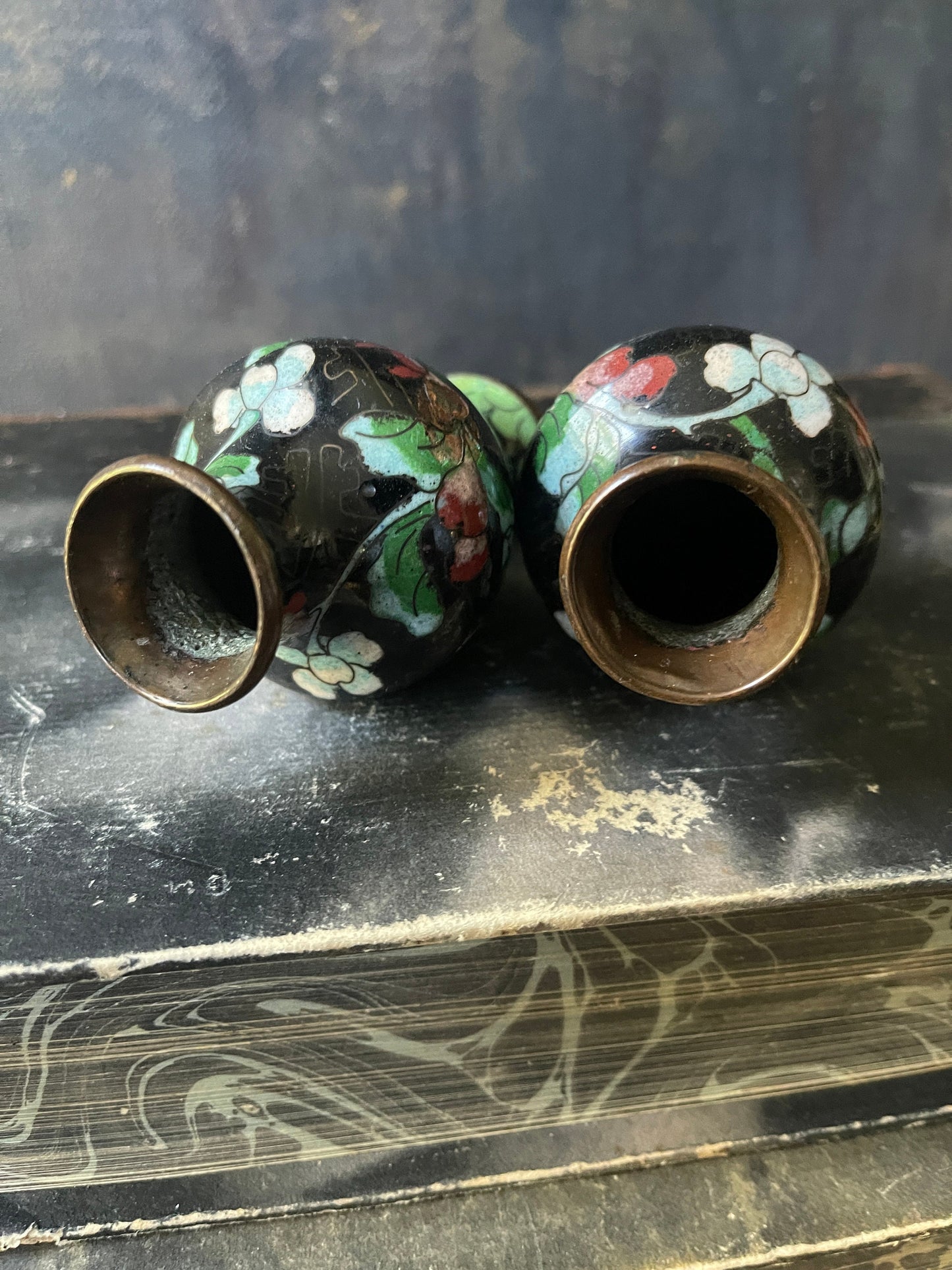 Pair of Vintage Chinese Black Cloisonné 3” Vases