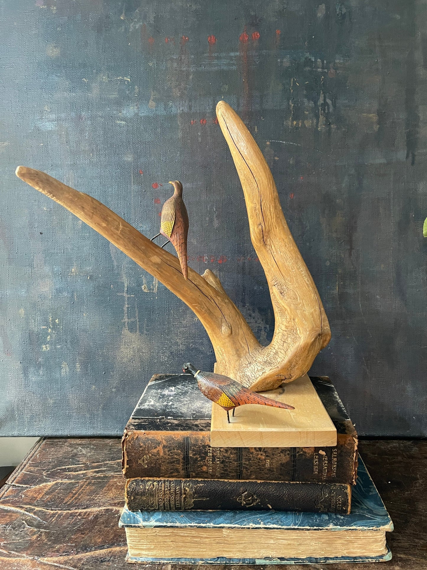 Vintage Pheasant and Driftwood Carved Sculpture