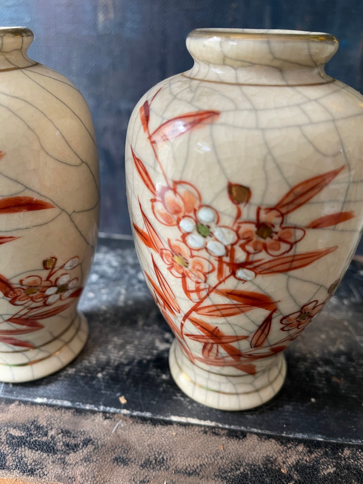 Pair of Vintage Japanese Crackle Glaze Cherry Blossom Vases