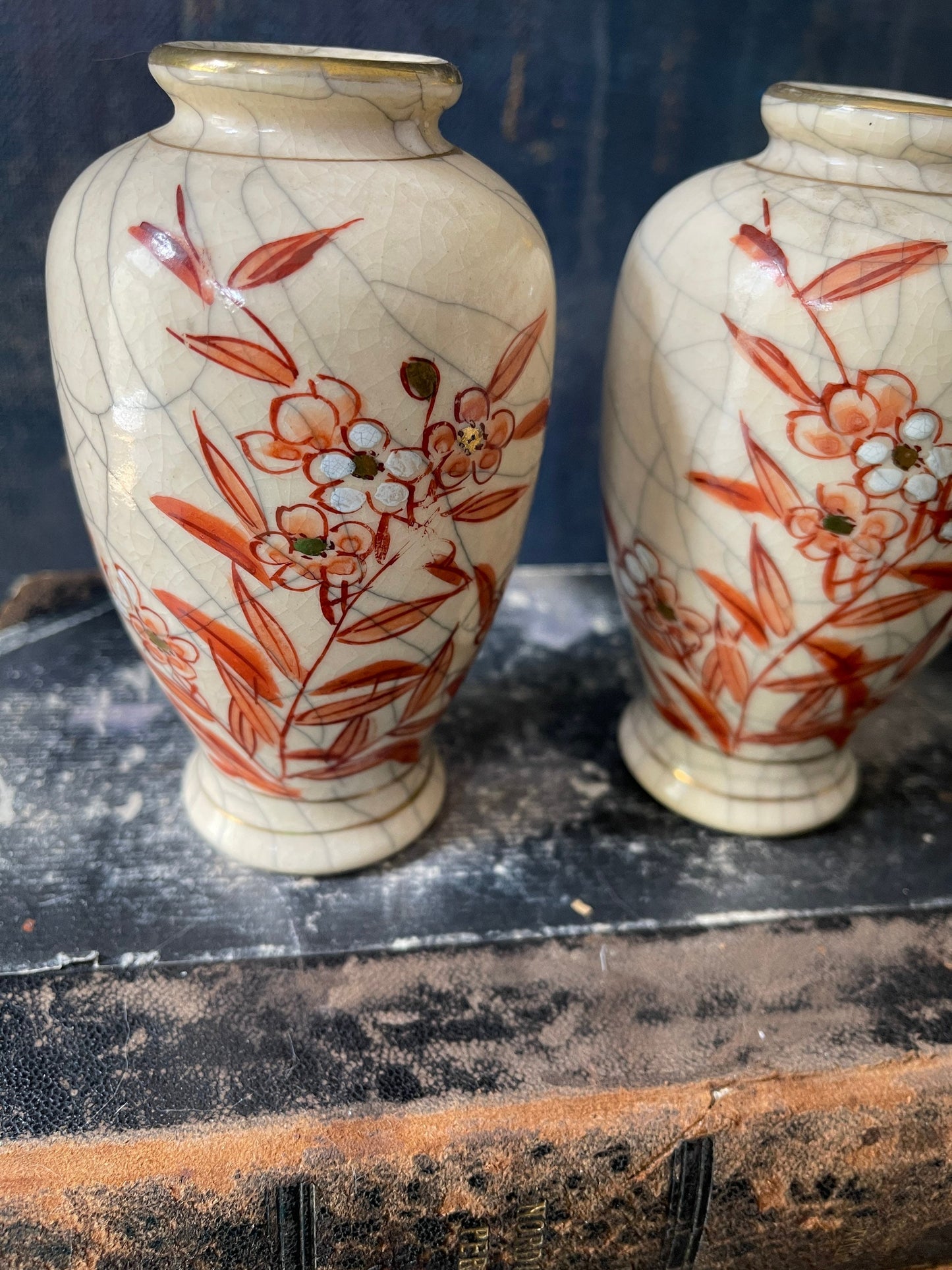 Pair of Vintage Japanese Crackle Glaze Cherry Blossom Vases