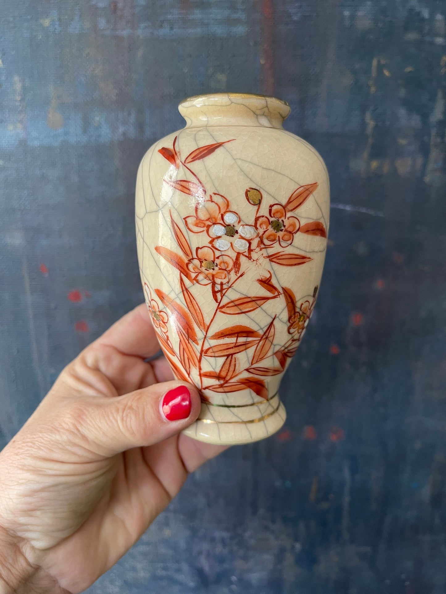 Pair of Vintage Japanese Crackle Glaze Cherry Blossom Vases