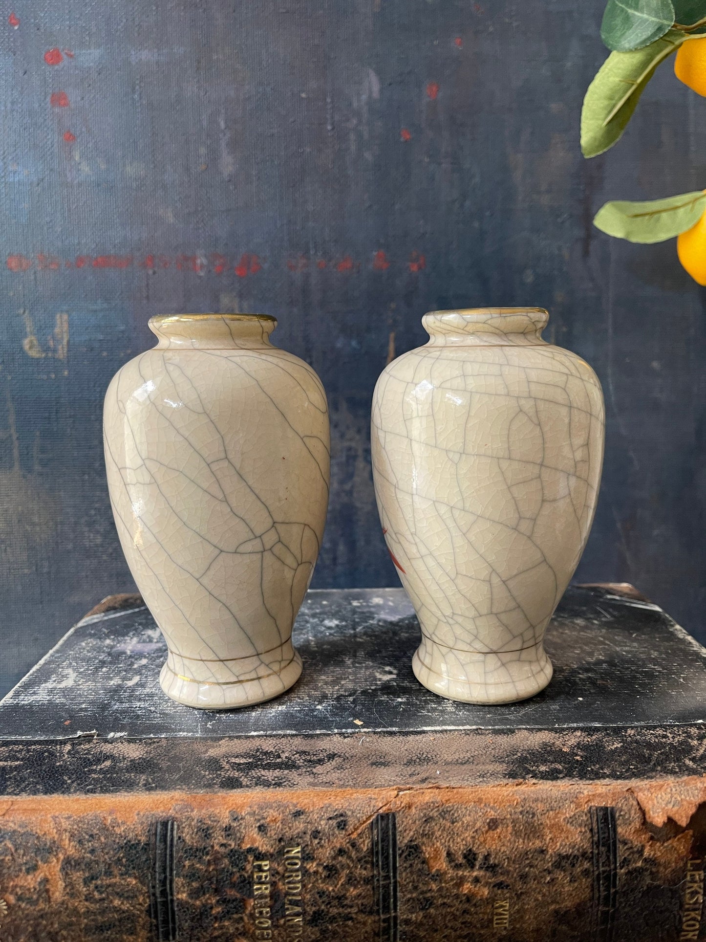 Pair of Vintage Japanese Crackle Glaze Cherry Blossom Vases