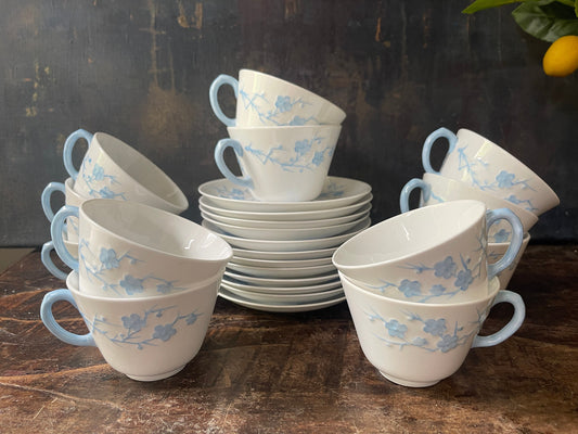 Set of Twelve (12) Spode Blanche de Chine Cherry Blossom English teacup and saucers