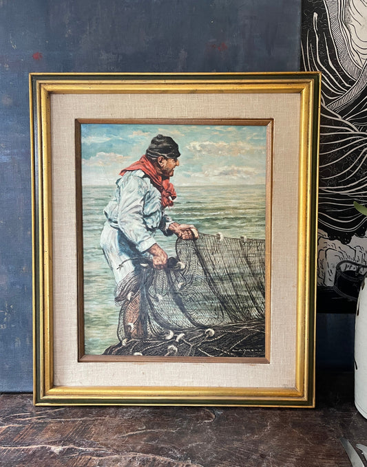 Vintage Signed Seaside Painting of Fisherman