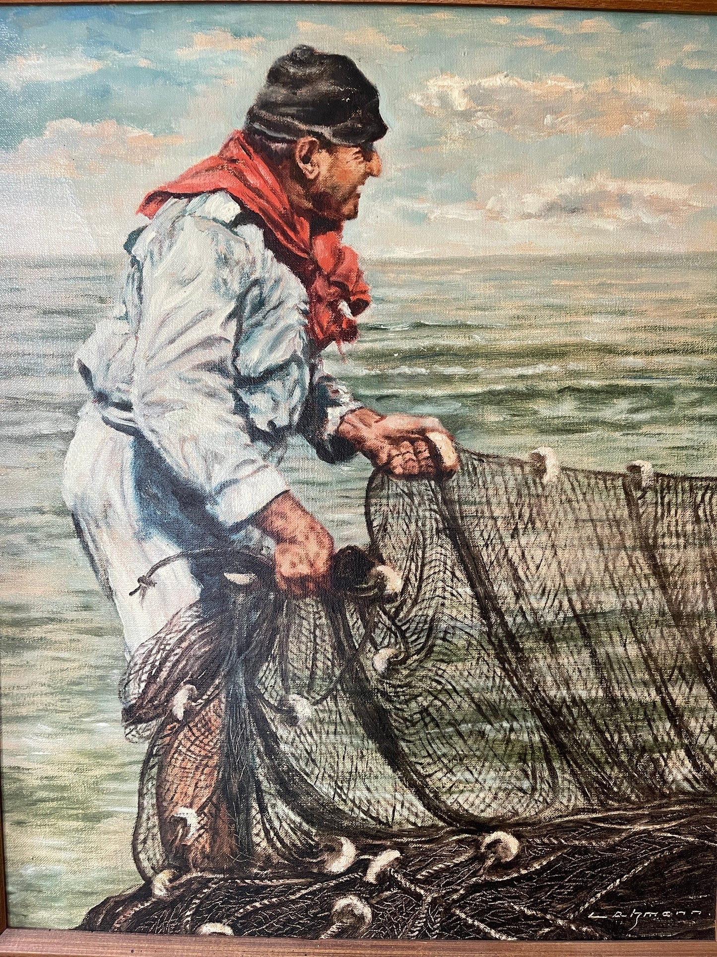 Vintage Signed Seaside Painting of Fisherman