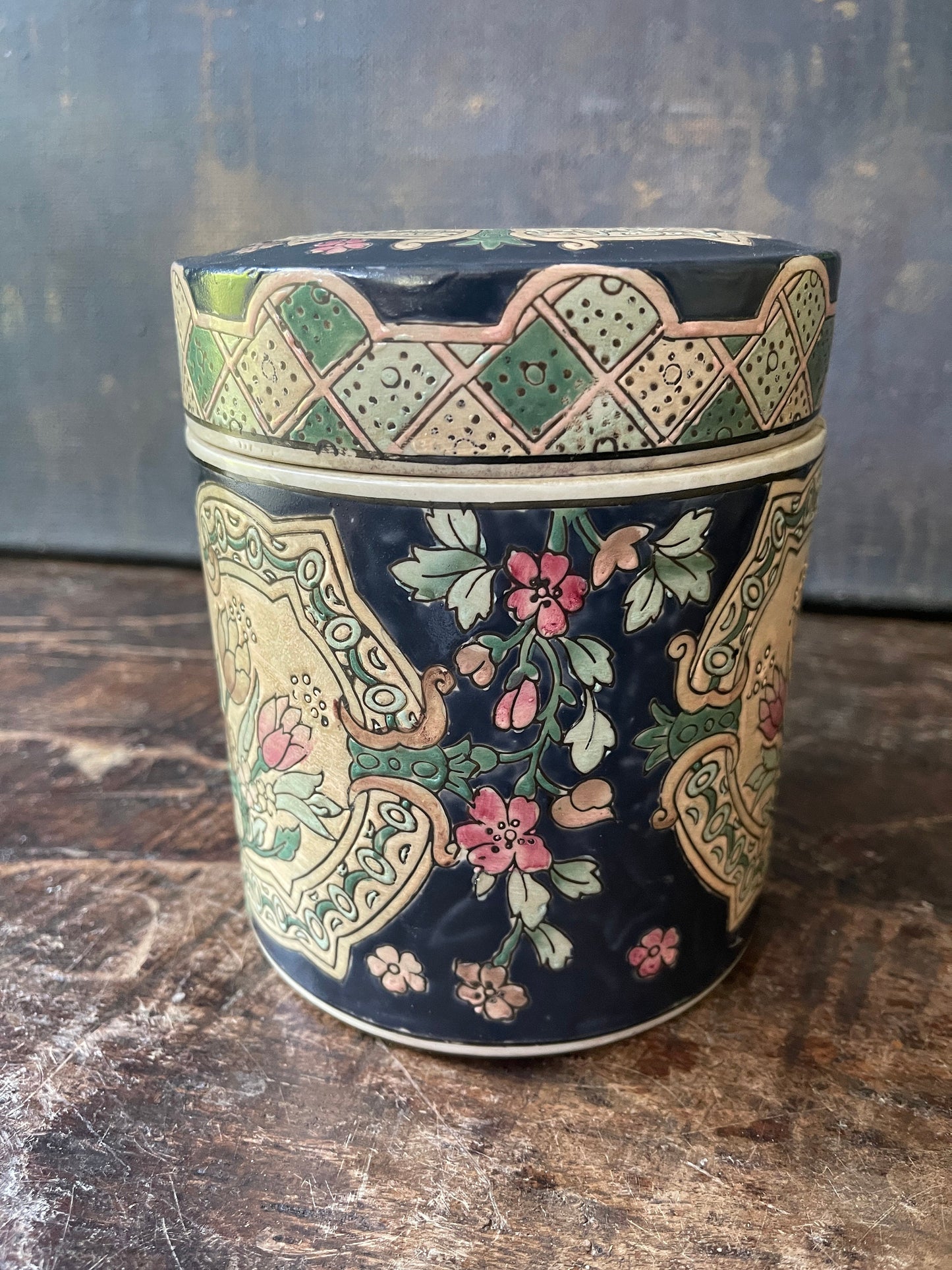 1980s Blue Asian Round Lidded Jar