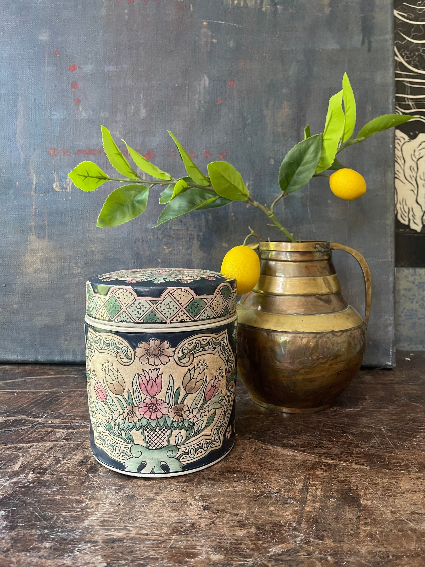 1980s Blue Asian Round Lidded Jar