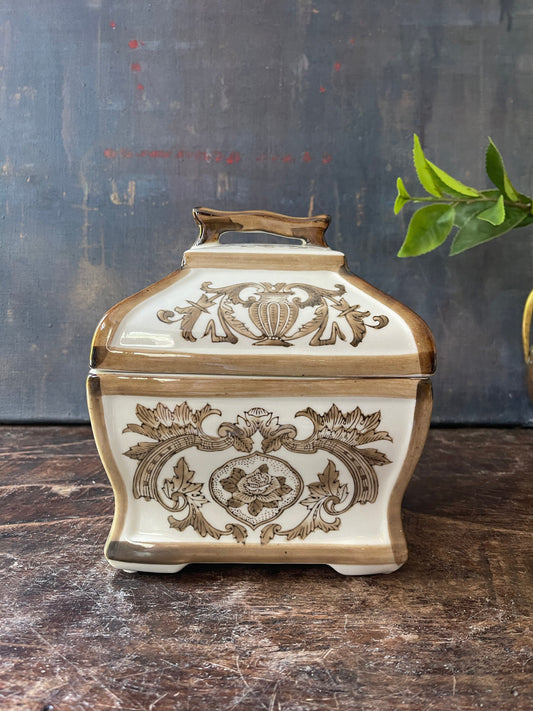 Brown and White Chinese Ceramic Lidded Box