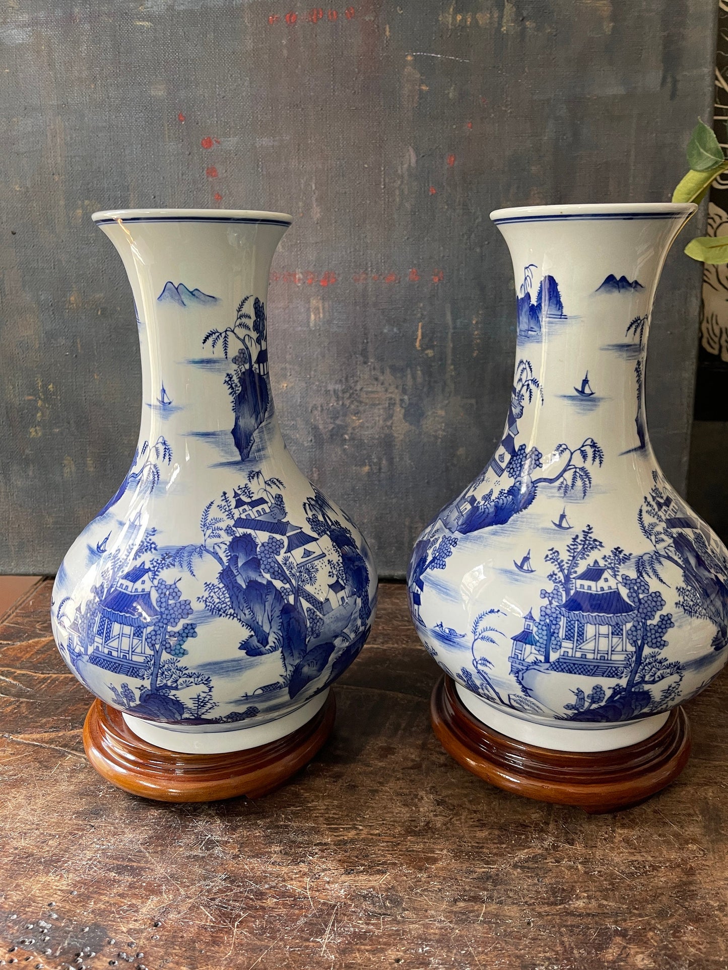 Pair of Bombay Blue and White 12” Chinoiserie Vase