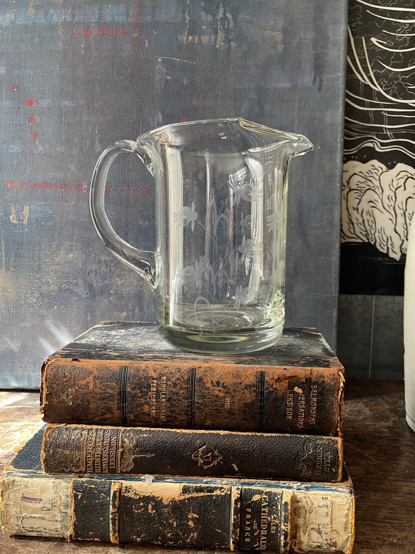 Vintage Etched Floral Glass Handblown Pitcher