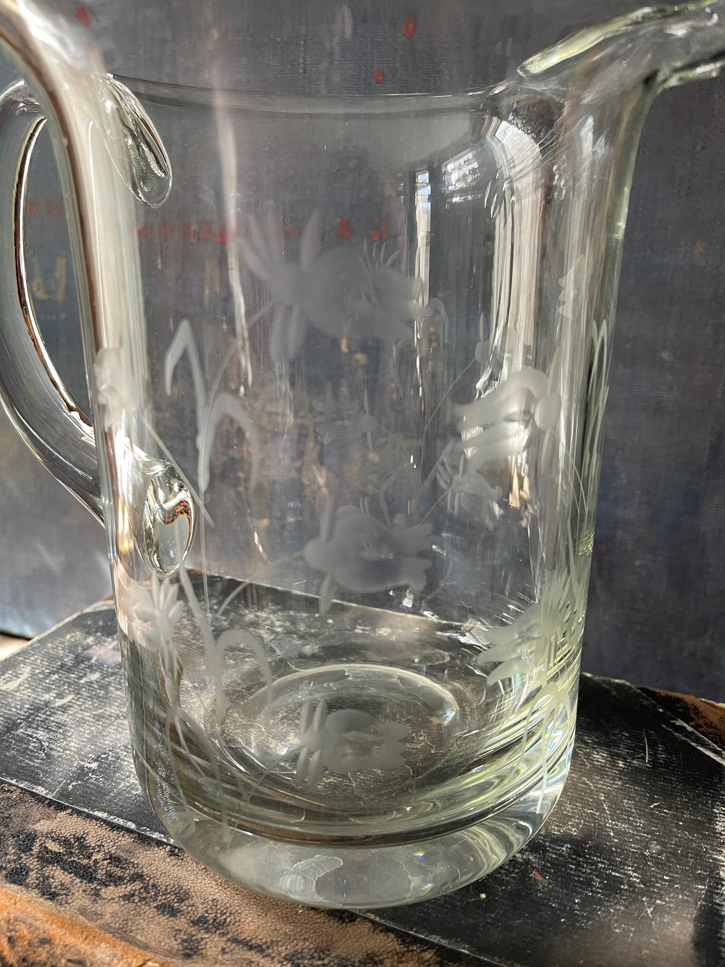 Vintage Etched Floral Glass Handblown Pitcher