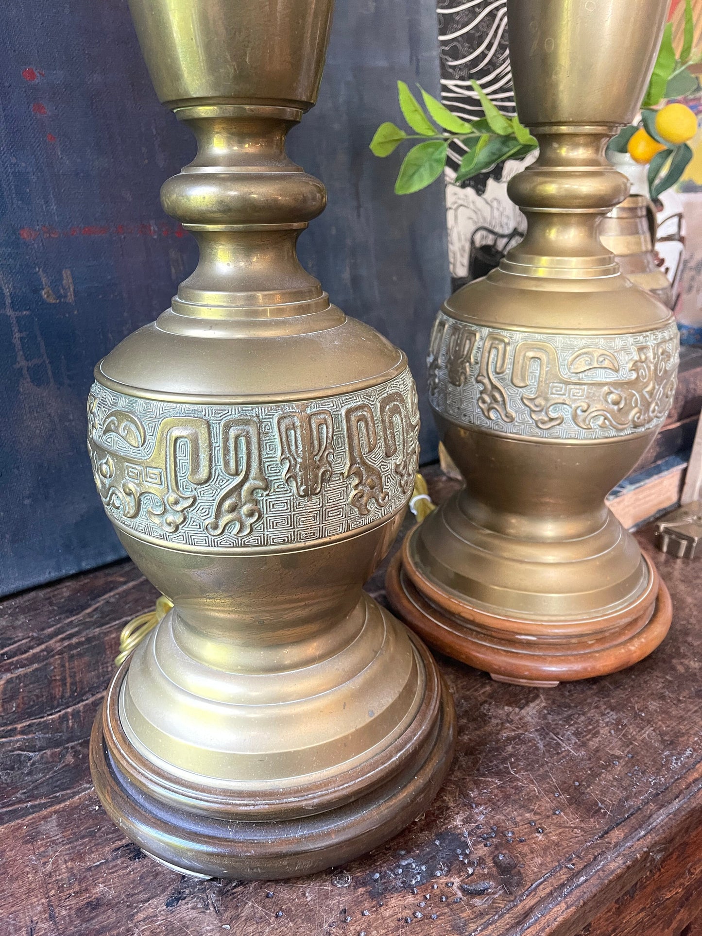 Pair of Mid Century Tall James Mont Style Brass Table Lamps